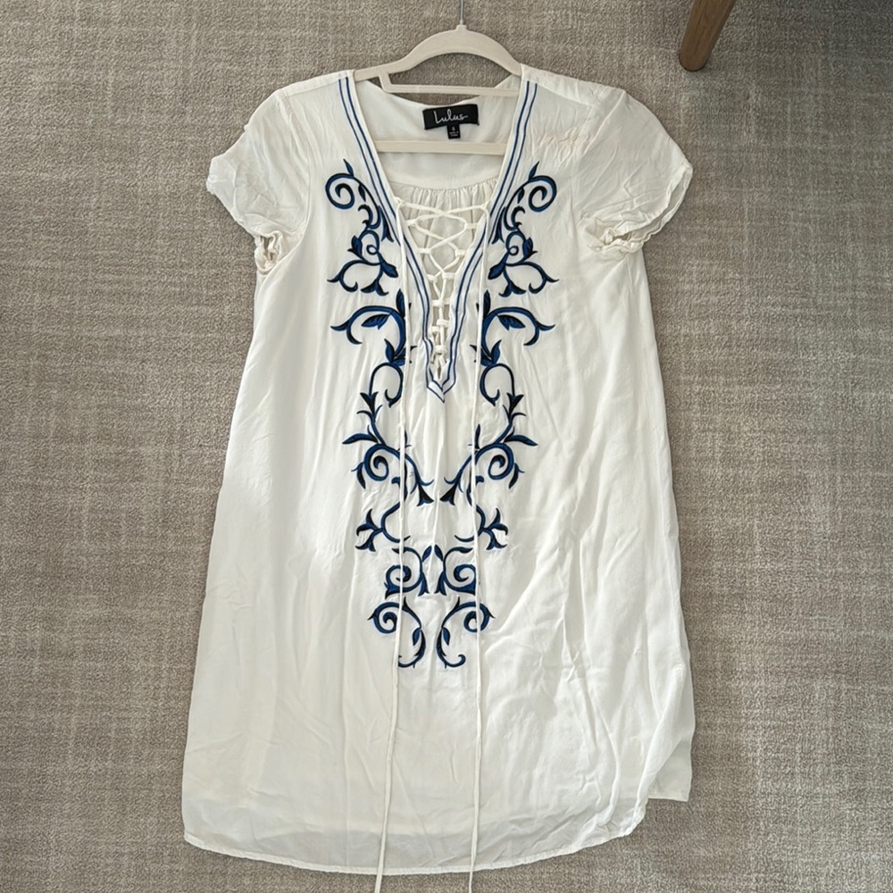 Lush White Dress with Blue Embroidery